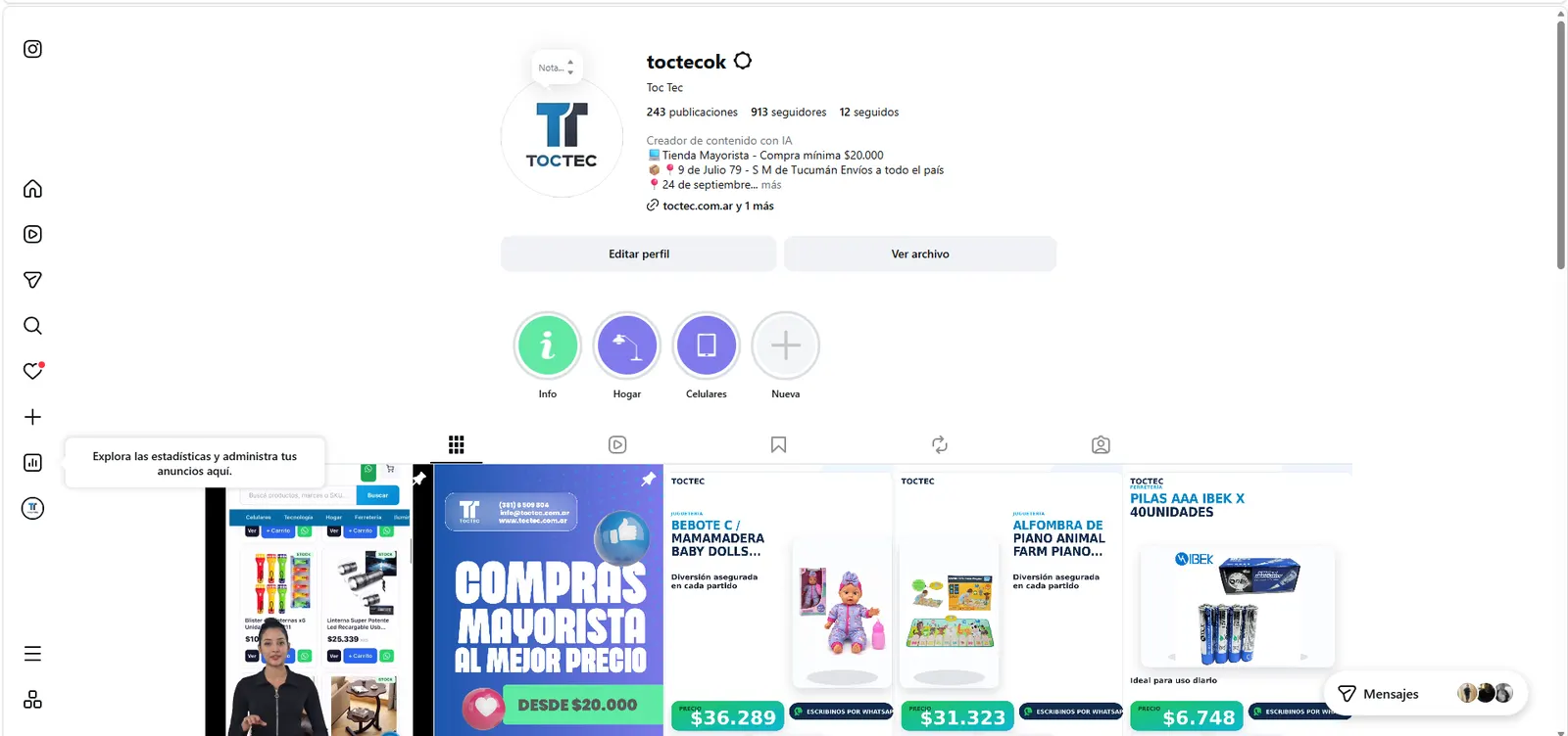 Publicaciones generadas por el automatizador en la cuenta de Instagram @toctecok
