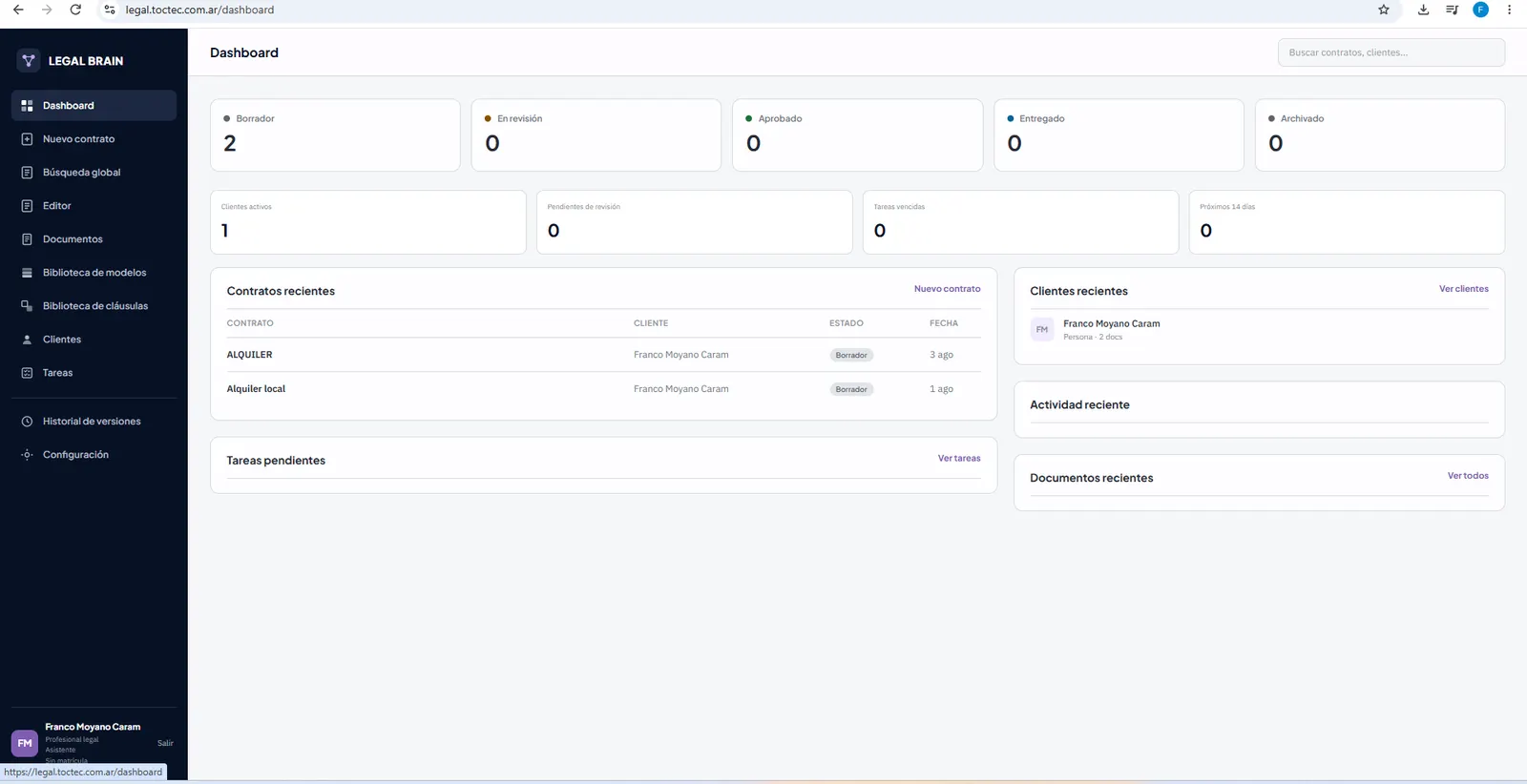 Legal Brain — dashboard de gestión de contratos en producción