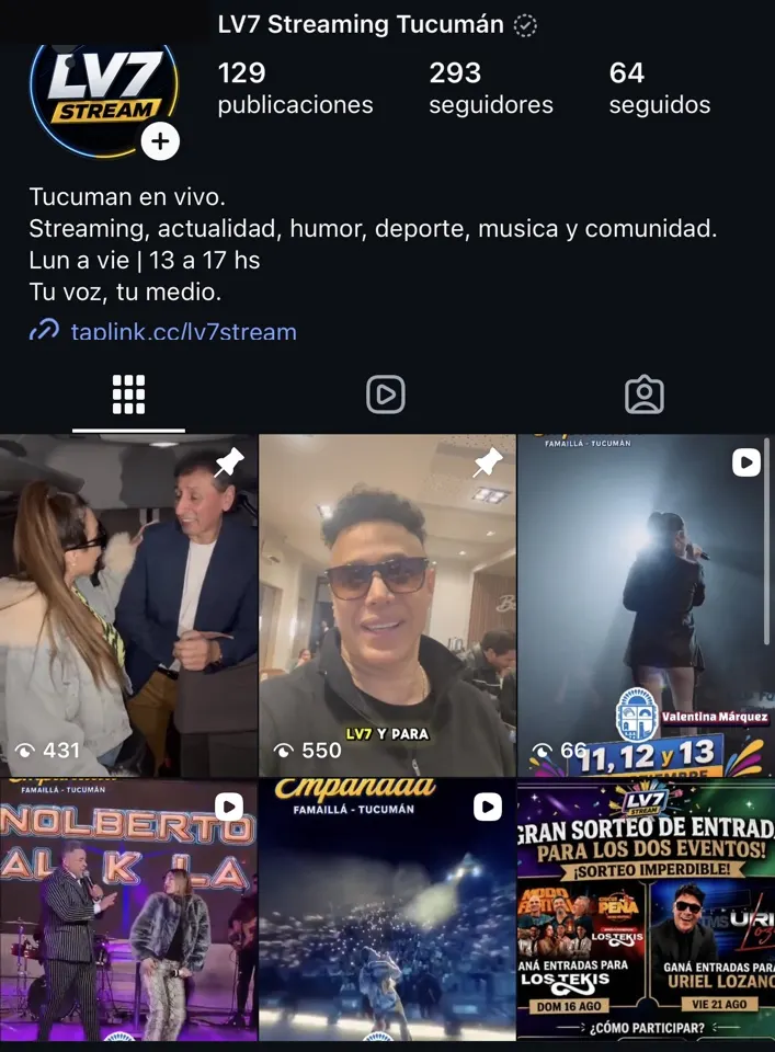 Perfil de Instagram de LV7 Streaming — publicaciones y presencia digital
