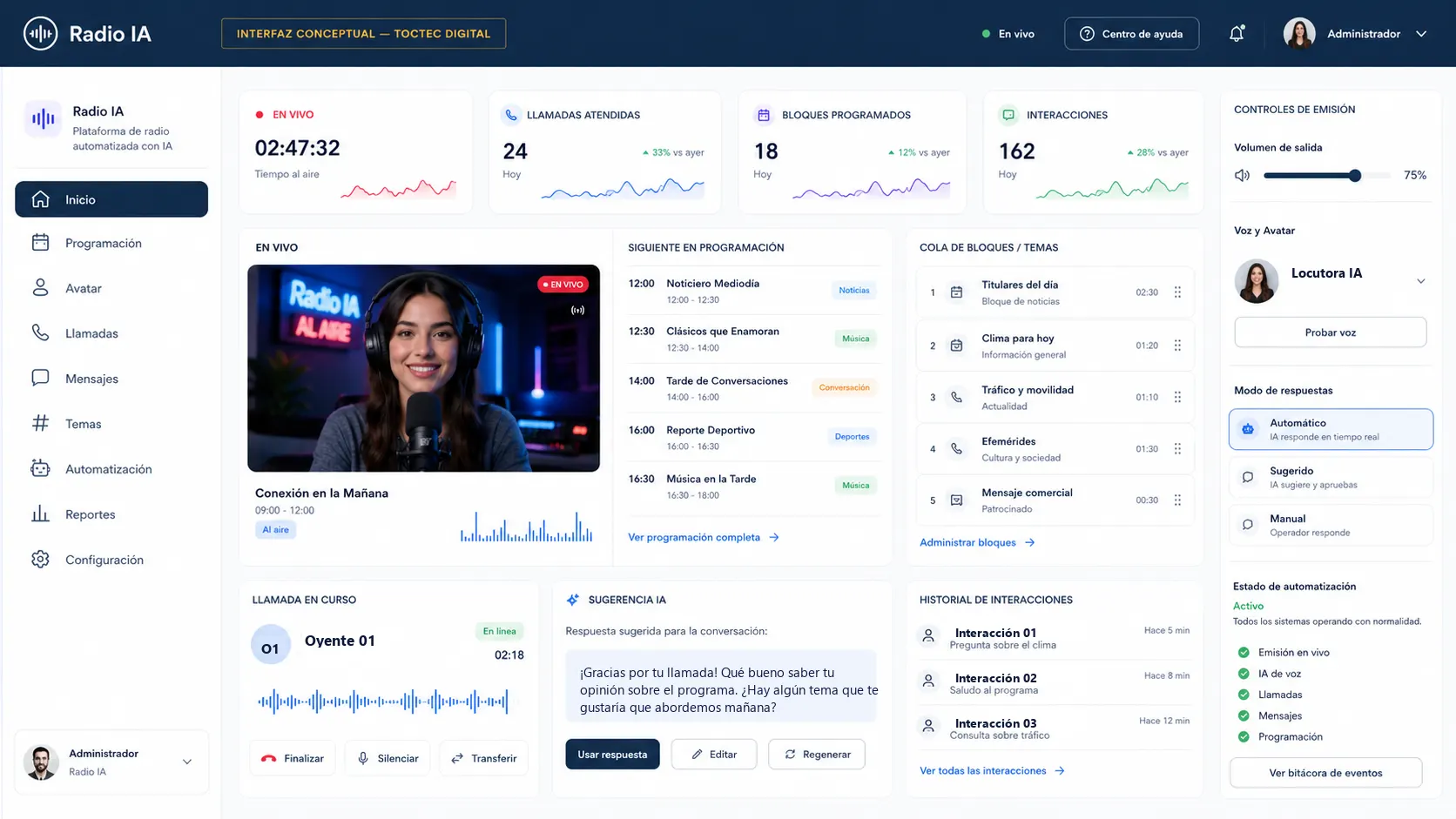 Radio IA — visualización conceptual del panel de control de radio automatizada