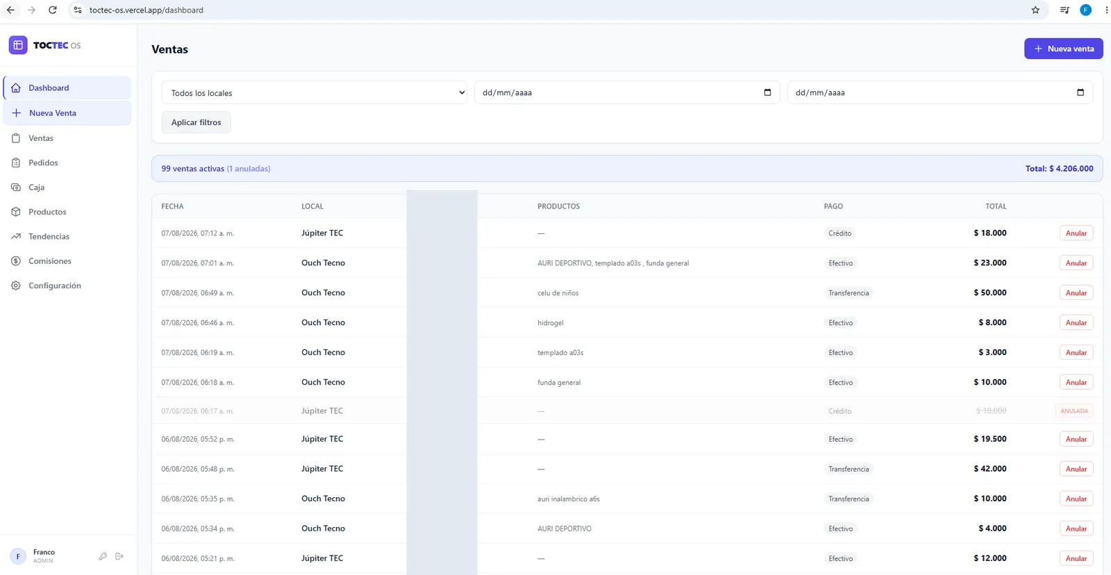 TOCTEC OS — panel de ventas en producción